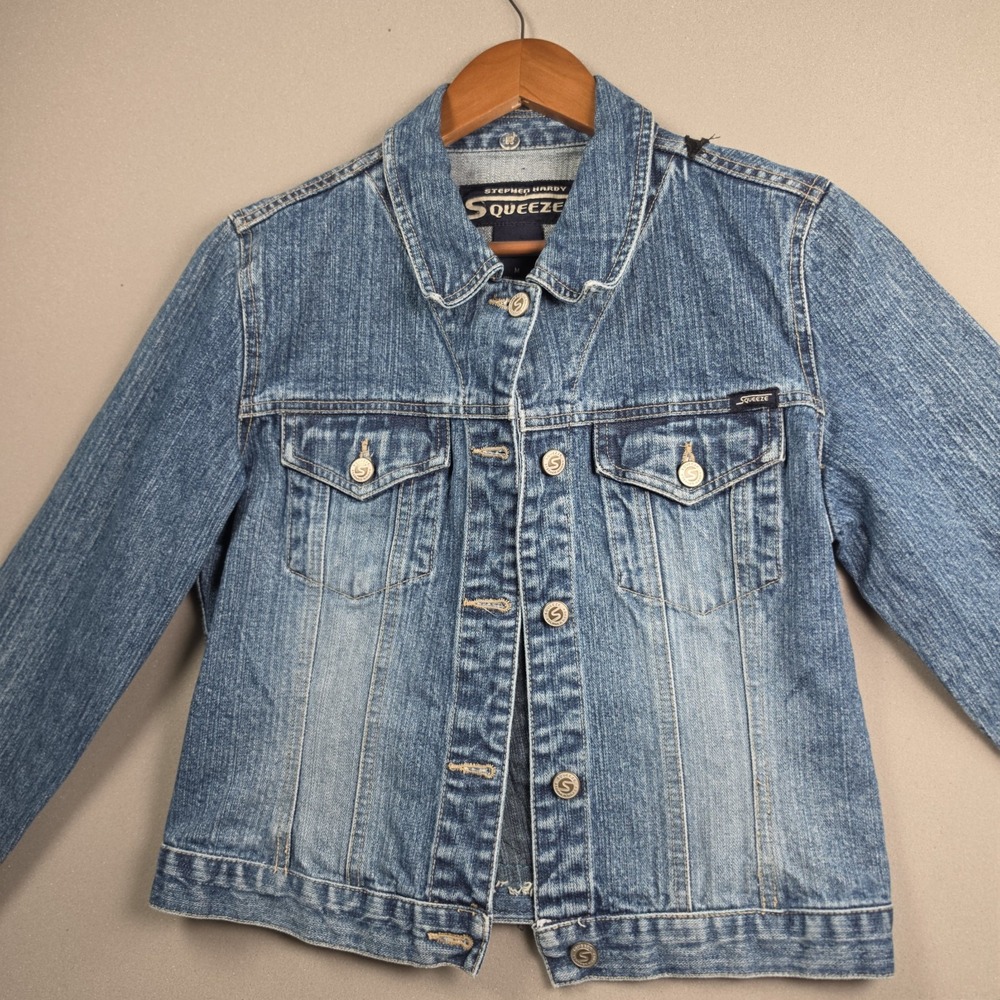 Squeeze Stephen Hardy Reworked Blue Denim Jacket Custom Rabbit Patch Womens M - Picture 5 of 9